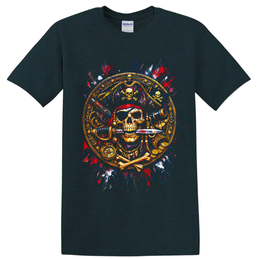 Ornate pirate skull with sword, compass, telescope and treasure in paint-splatter art on a Midnight (Green) T Shirt