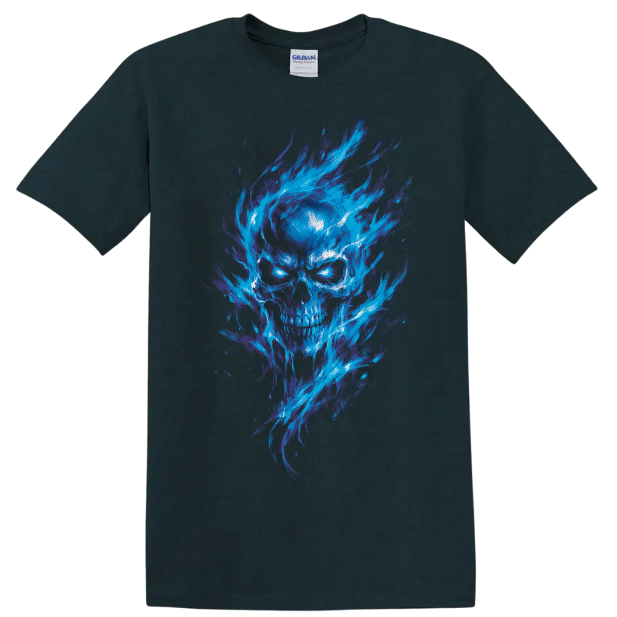 Gothic skull illustration with glowing cyan eyes and sweeping blue-purple flames on a Midnight (Green) T Shirt