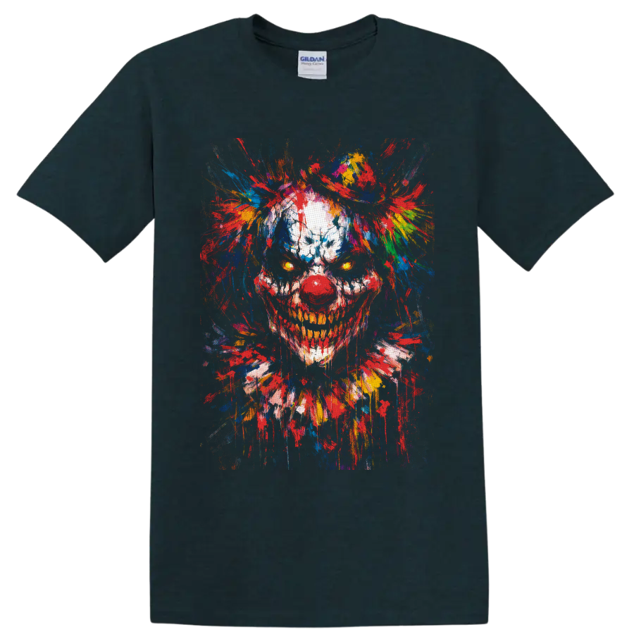 Skull clown portrait with glowing eyes and vivid multicolor paint splatters on a Midnight (Green) T Shirt