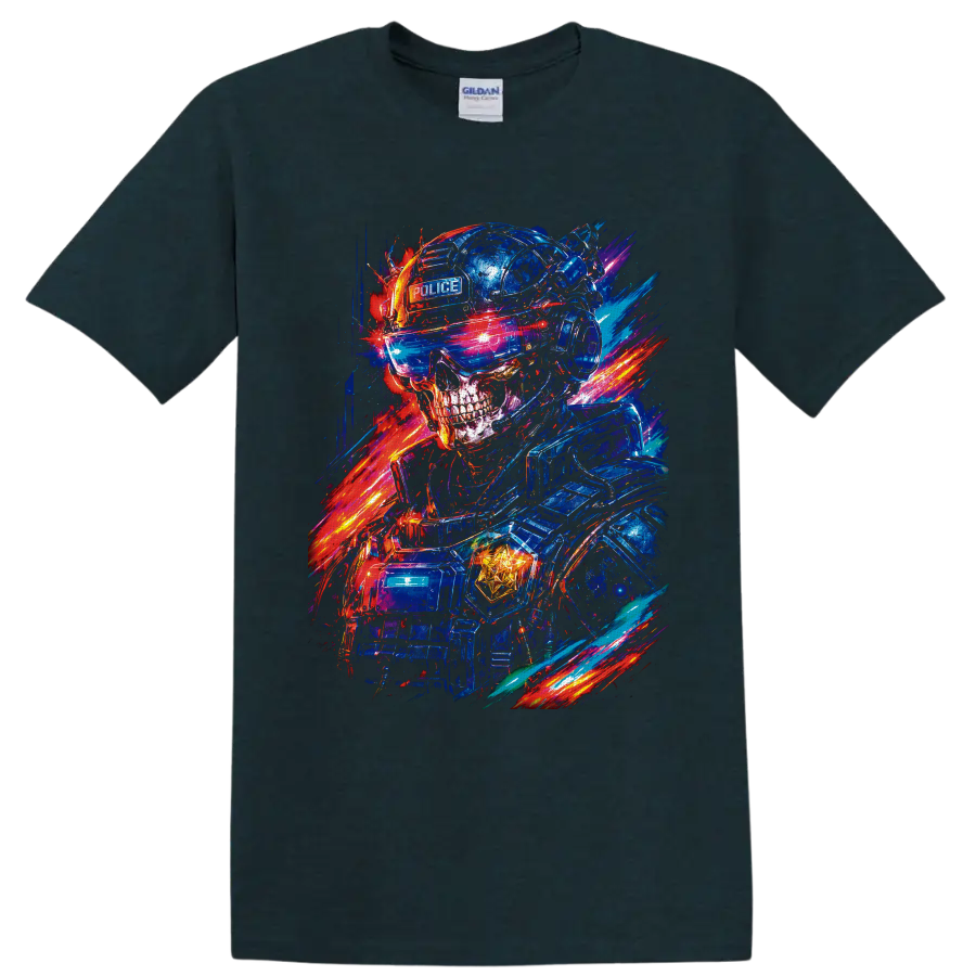 Neon cyberpunk police skull in tactical helmet and visor with electric light trails on a Midnight (Green) T Shirt