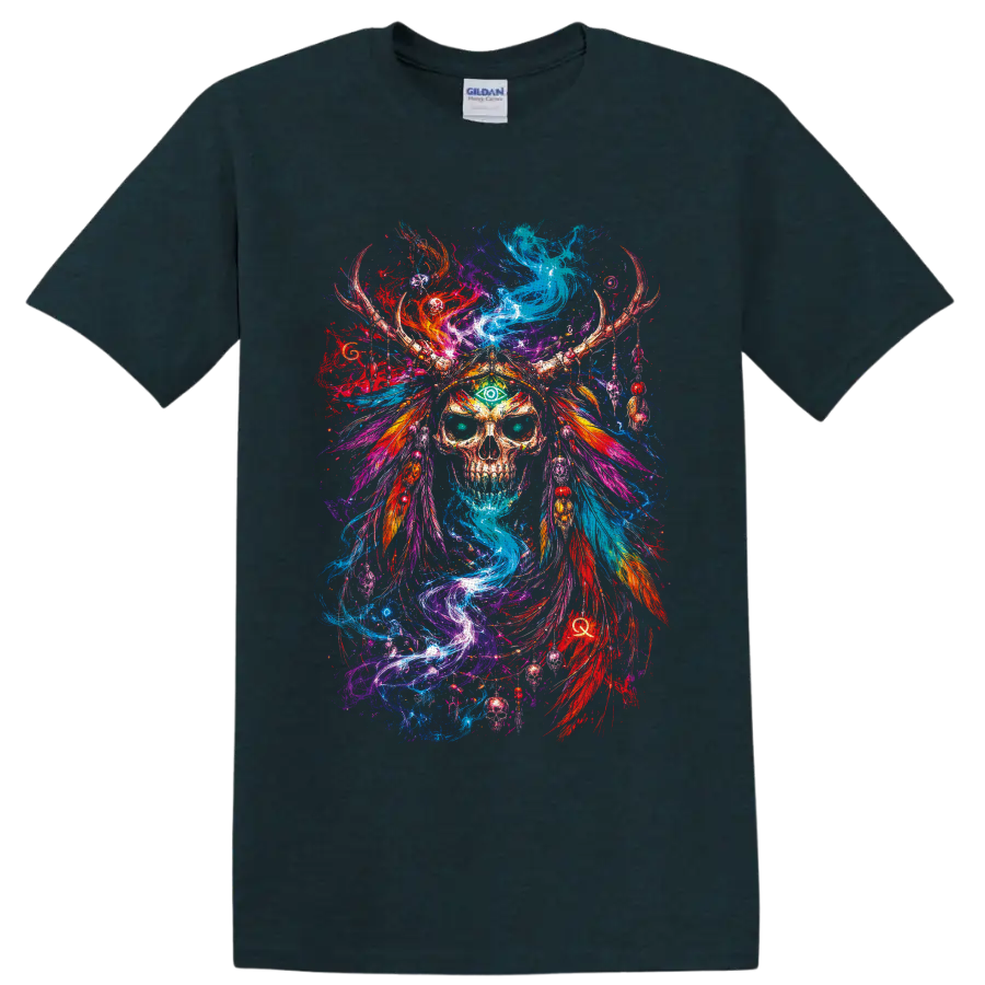 Psychedelic skull with green third eye, antler headdress, feathers, and swirling color on a Midnight (Green) T Shirt
