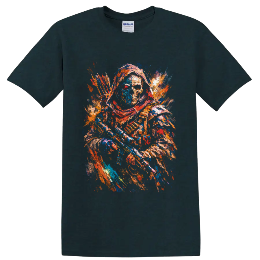 Colorful paint-splatter skeleton archer with bow, arrows, and gothic fantasy details on a Midnight (Green) T Shirt