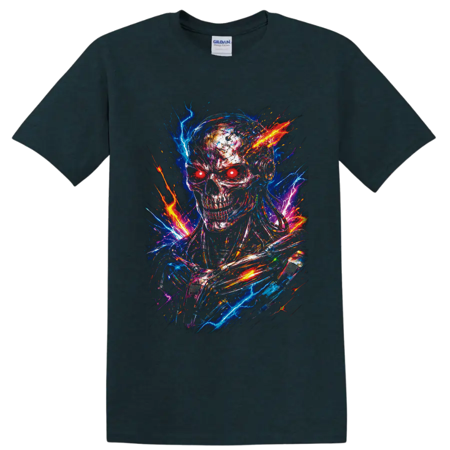 Cyberpunk robot skull with red eyes, neon lightning, fiery sparks, and glitch art on a Midnight (Green) T Shirt