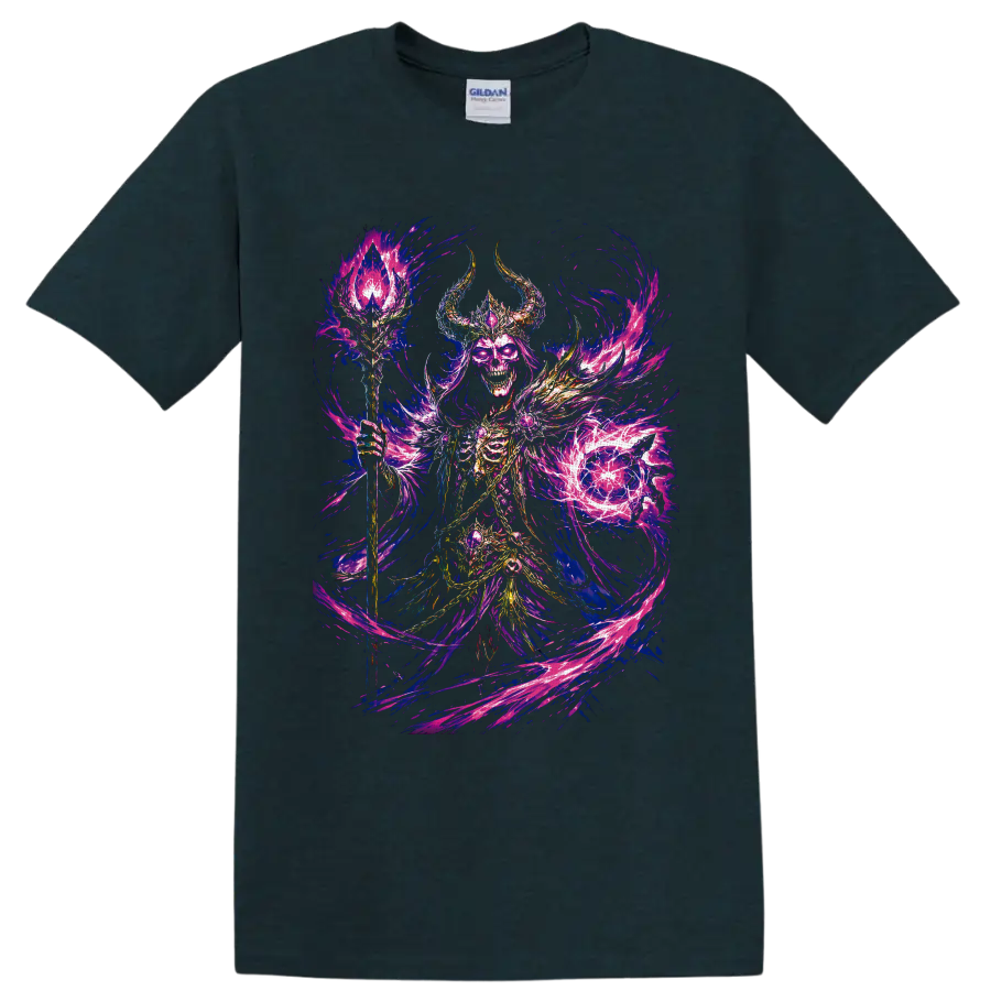 Skeletal necromancer with horned armor, crystal staff, and swirling purple flames on a Midnight (Green) T Shirt