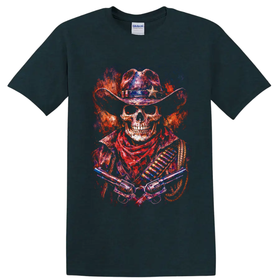 Distressed skeleton cowboy gunslinger with star hat, crossed revolvers, and fiery on a Midnight (Green) T Shirt