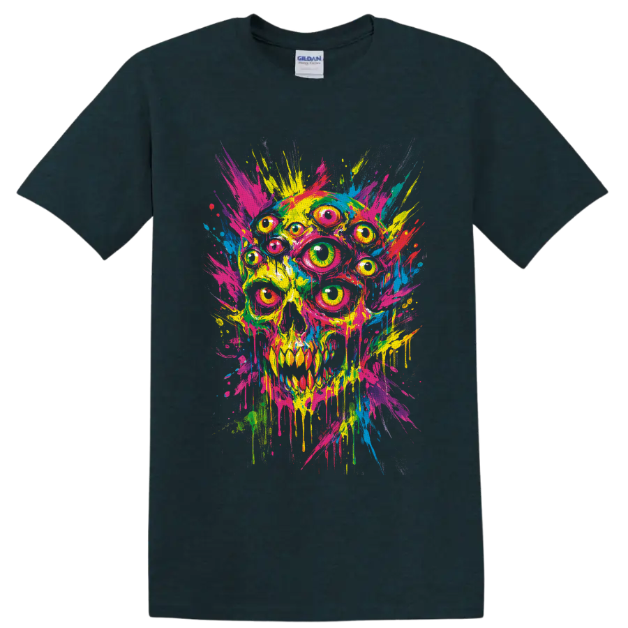 Psychedelic multi-eyed skull in neon paint splash and dripping street art style on a Midnight (Green) T Shirt