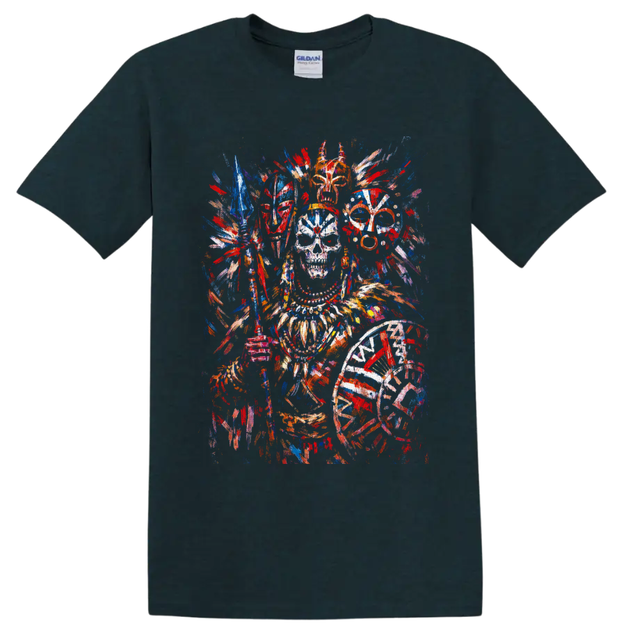 Colorful skull with ornate feathered headpiece, masks, spear, and shield in paint on a Midnight (Green) T Shirt