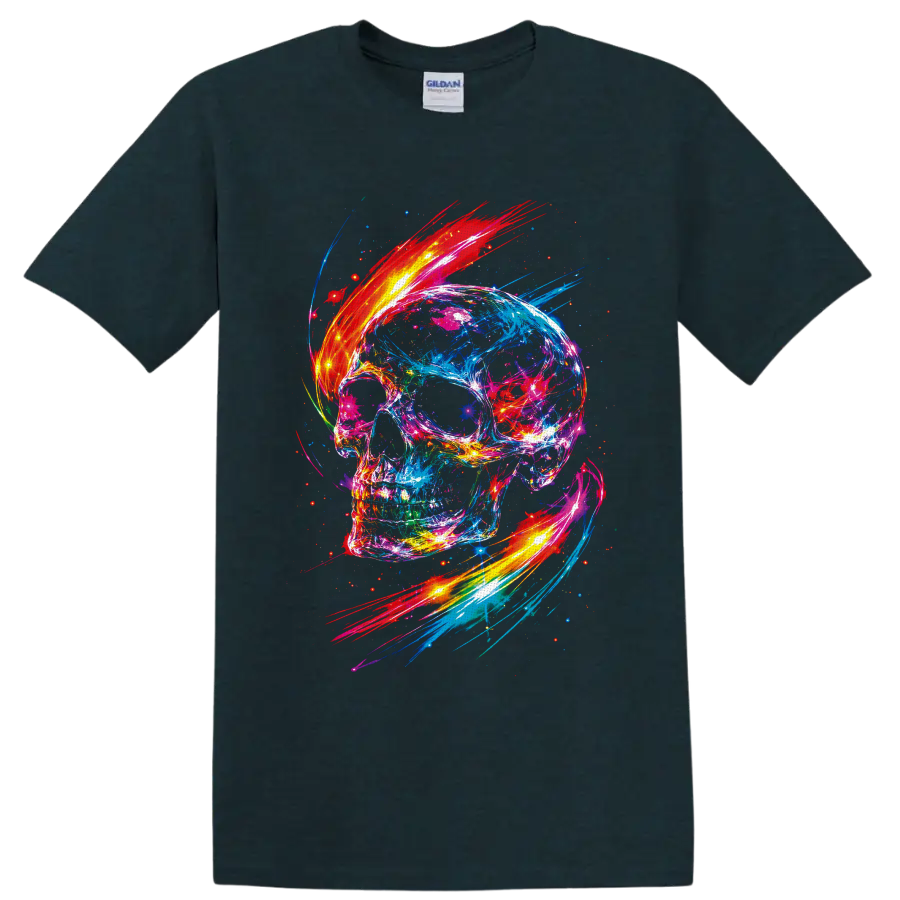Neon abstract skull with colorful paint splashes, glowing streaks, and scattered sparks on a Midnight (Green) T Shirt