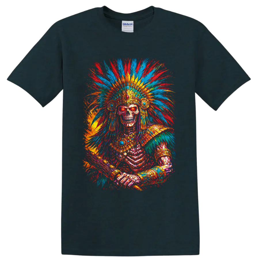 Colorful gothic skeleton with ornate feather headdress and jeweled paint-splash art on a Midnight (Green) T Shirt