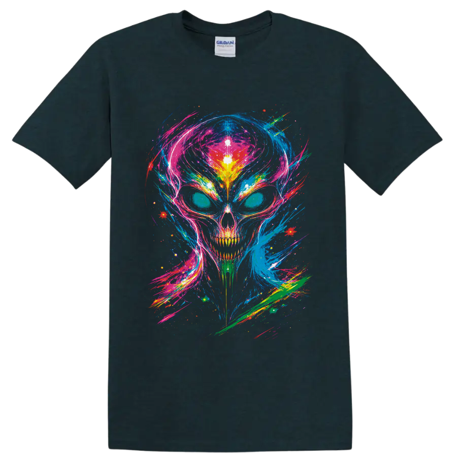Psychedelic neon skull with cosmic paint splashes and glowing abstract bursts on a Midnight (Green) T Shirt