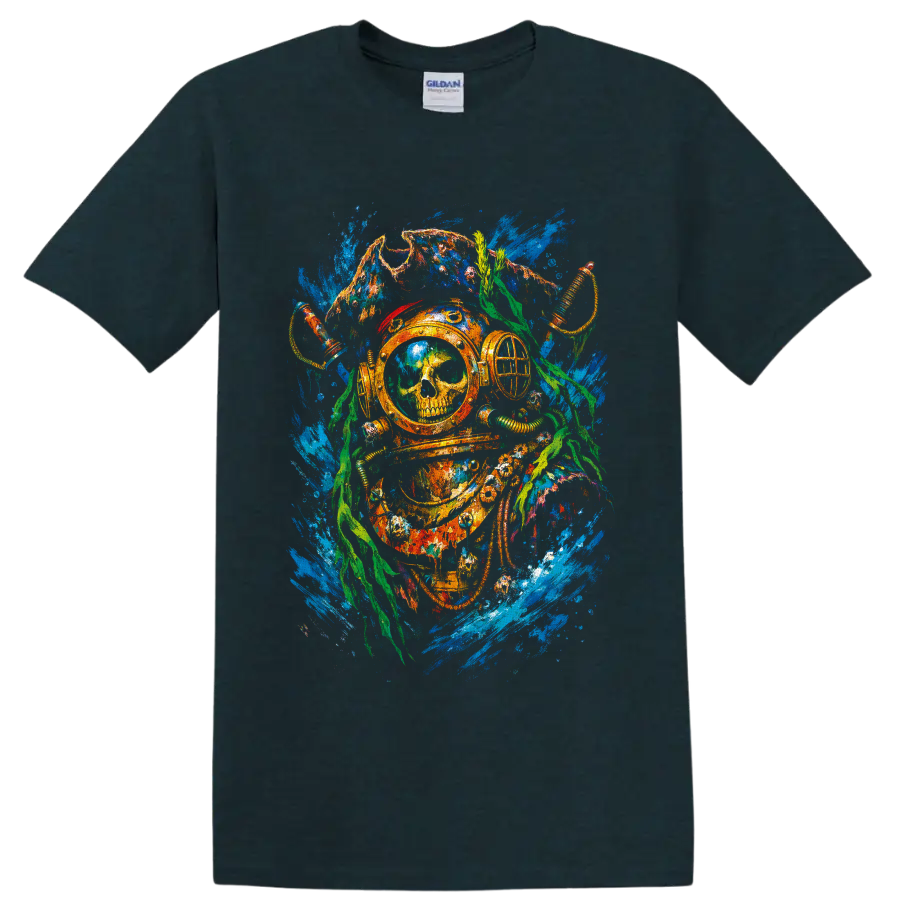 Vintage deep-sea diver helmet with skull, octopus tentacles, seaweed, and blue water on a Midnight (Green) T Shirt