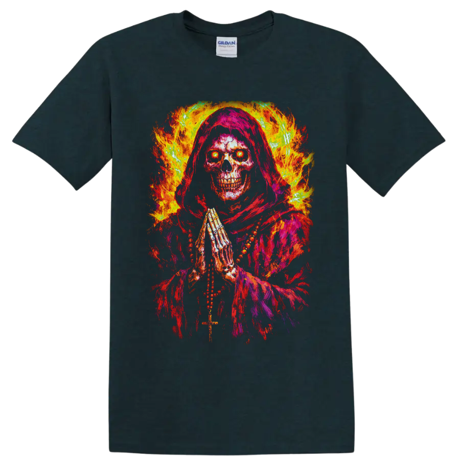 Fiery hooded grim reaper skull with praying hands, cross, and glowing eyes on a Midnight (Green) T Shirt
