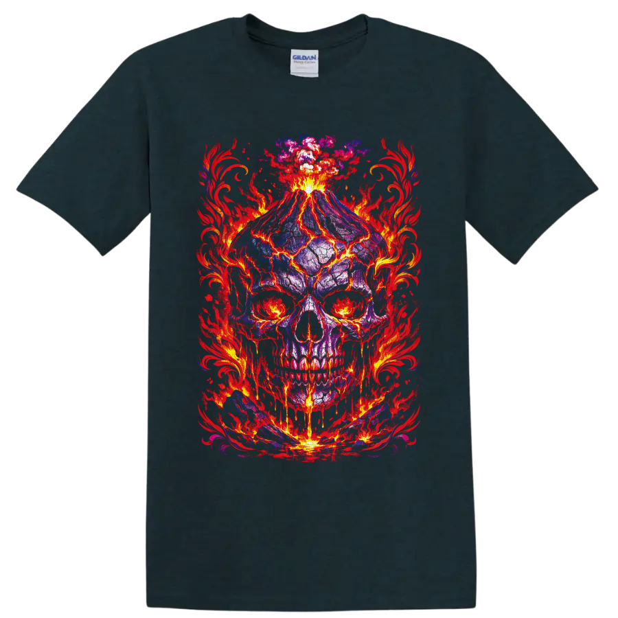 Volcanic purple skull with molten lava cracks, erupting fire, and red flame artwork on a Midnight (Green) T Shirt