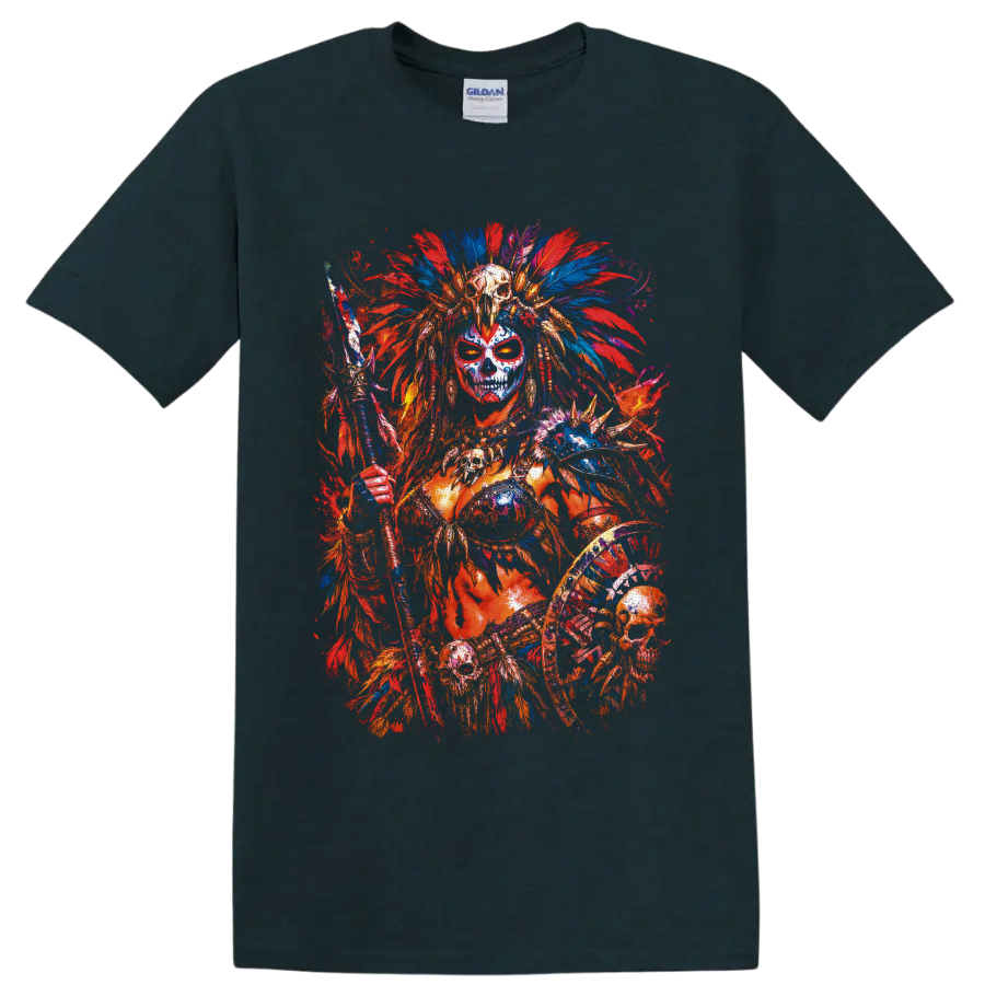 Skull-faced fantasy warrior with feather headdress, staff, shield, and vivid paint on a Midnight (Green) T Shirt