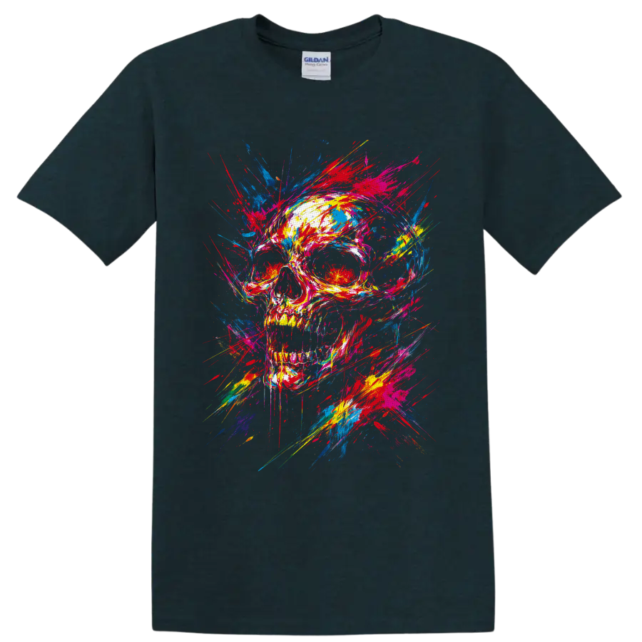 Colorful skull with explosive paint splatters and graffiti-style brushstrokes on a Midnight (Green) T Shirt