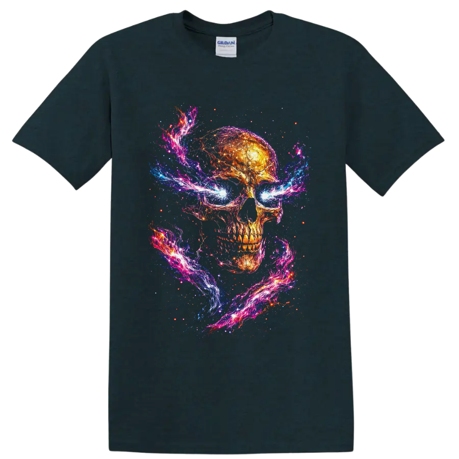 Fiery cosmic skull with neon galaxy swirls, electric blue eyes, and starlight on a Midnight (Green) T Shirt