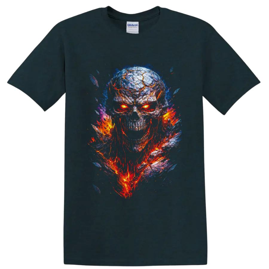 Molten lava skull illustration with glowing eyes and blue flame-like splashes on a Midnight (Green) T Shirt
