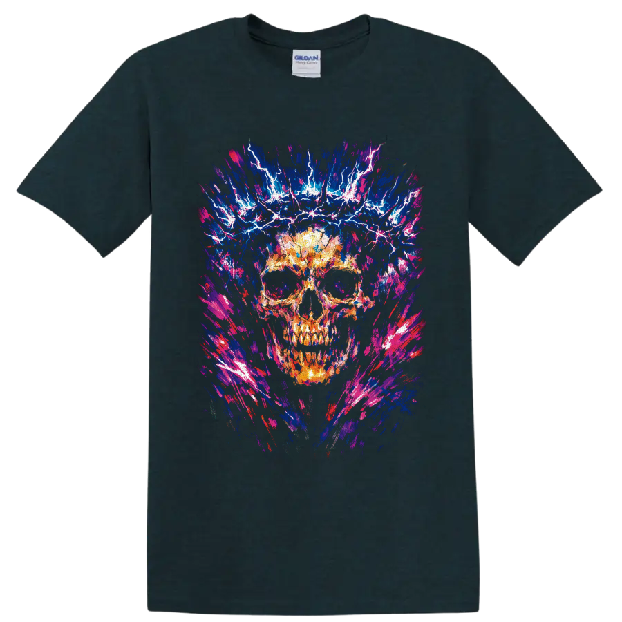 Fiery skull with electric lightning in neon blue, pink, and abstract brushstroke art on a Midnight (Green) T Shirt