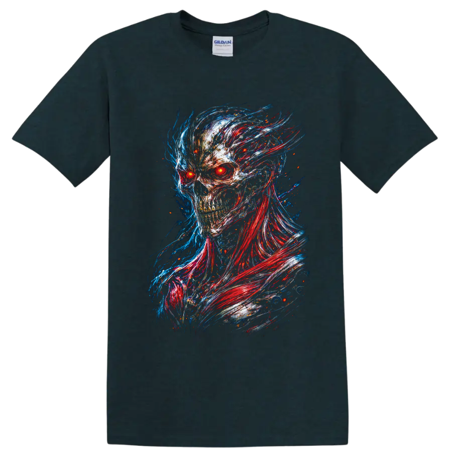 Cyberpunk skull with glowing red eyes and red blue neon glitch-art energy trails on a Midnight (Green) T Shirt