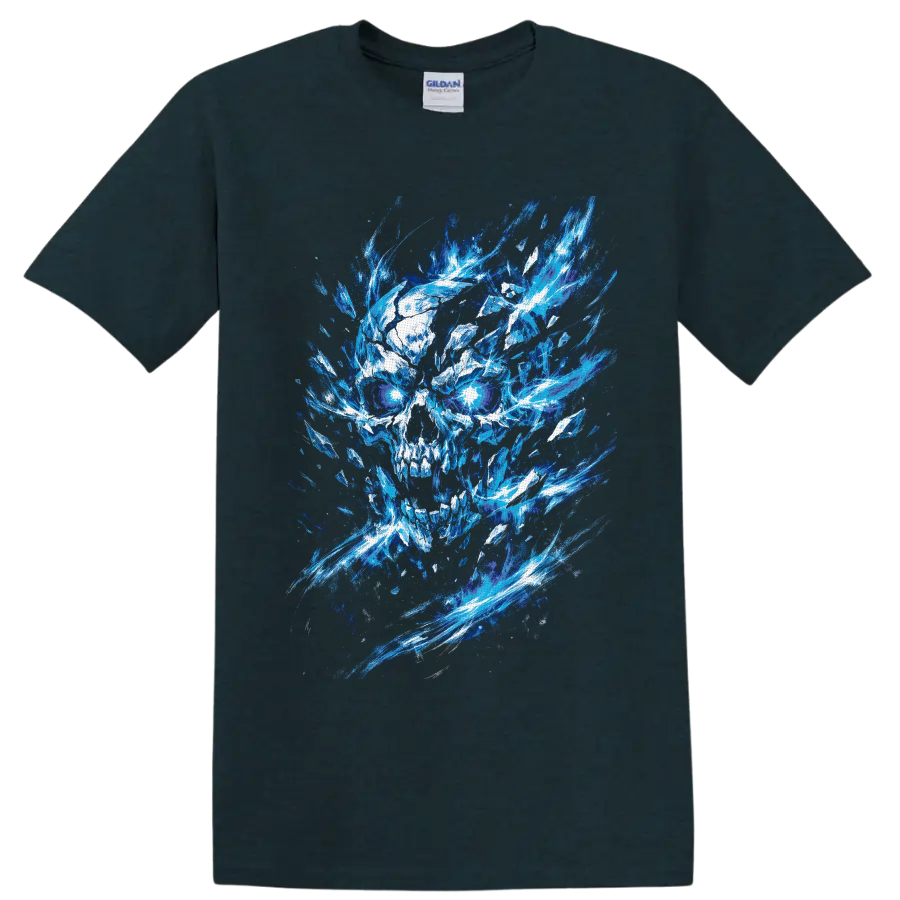 Blue ice skull illustration with glowing eyes and exploding crystal shards on a Midnight (Green) T Shirt