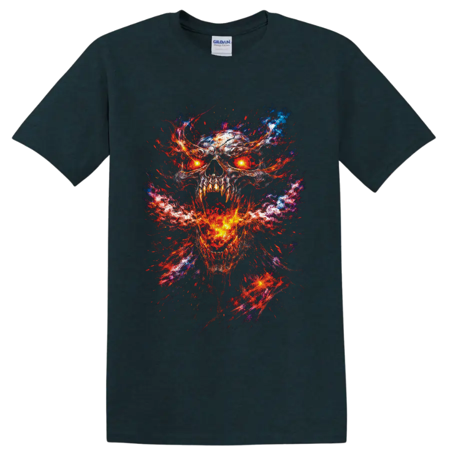 Glowing-eyed flaming skull in fiery gothic horror paint-splatter art on a Midnight (Green) T Shirt