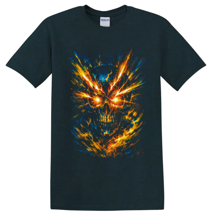 Abstract fiery skull with glowing electric eyes and explosive blue and gold brushstrokes on a Midnight (Green) T Shirt