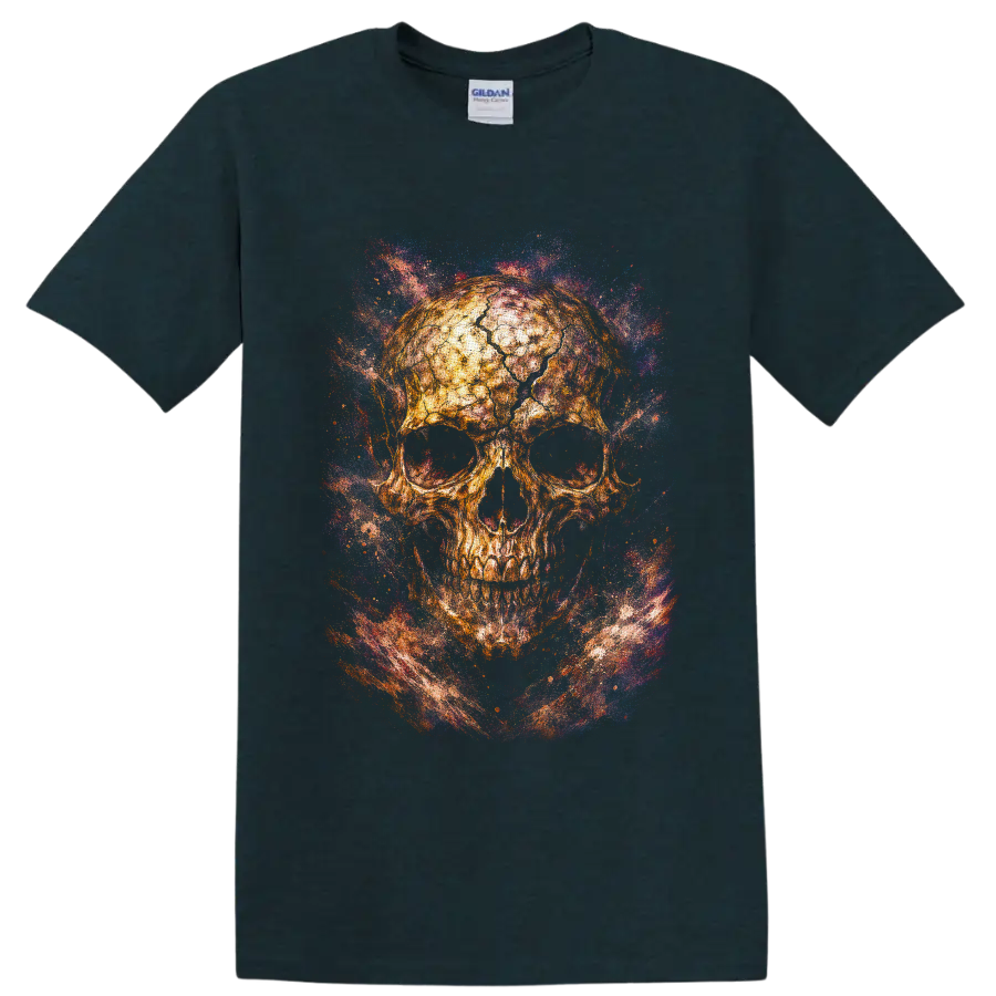 Golden skull with swirling blue, purple, and red galaxy-style splatter art on a Midnight (Green) T Shirt