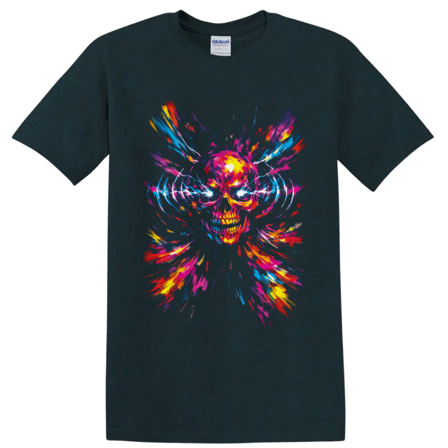 Neon paint splash skull with electric eyes and radiating abstract brush strokes on a Midnight (Green) T Shirt
