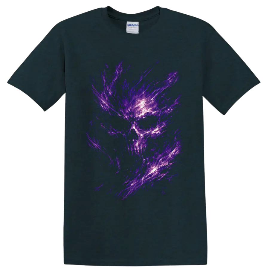 Abstract purple energy skull with glowing violet streaks in gothic horror style on a Midnight (Green) T Shirt