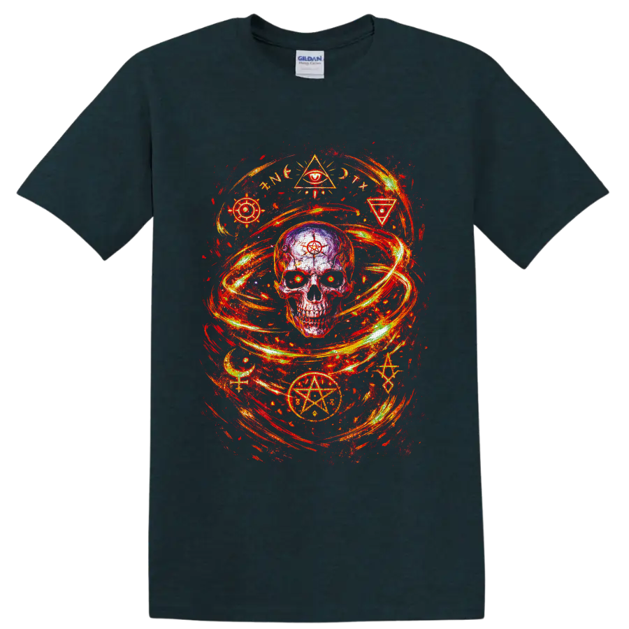 Distressed occult skull with pentagram, crescent moons, symbols, and fiery swirling on a Midnight (Green) T Shirt