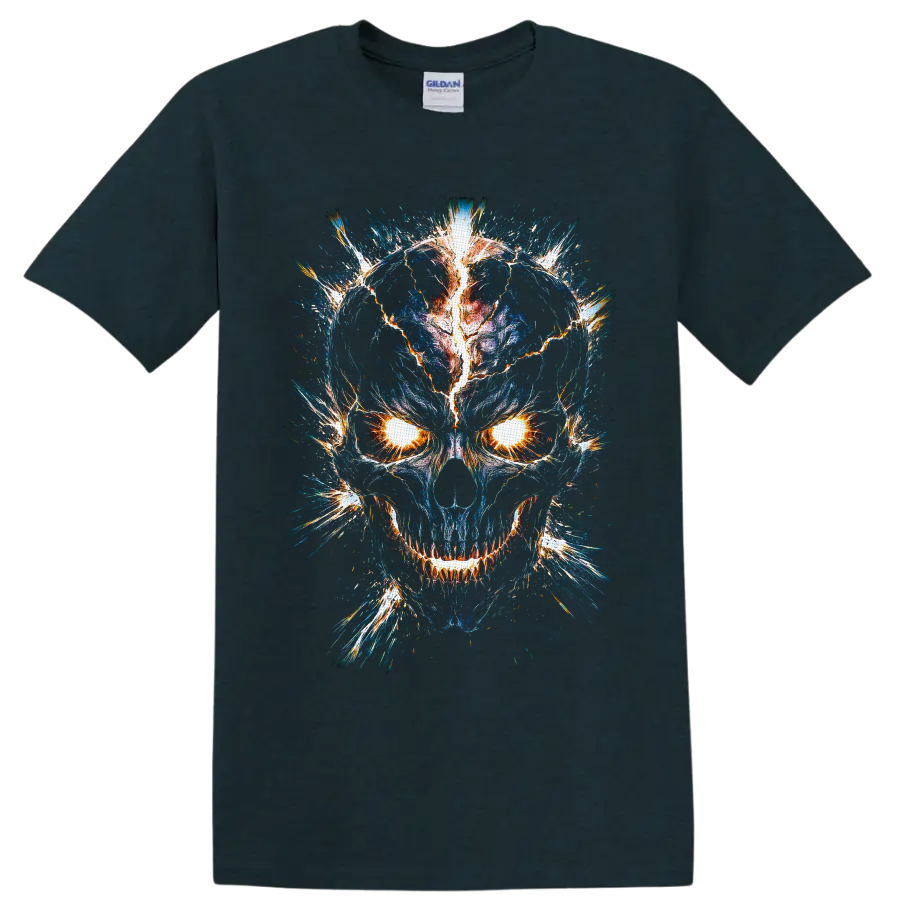 Electric blue skull graphic with blazing eyes, cracked lightning, and fiery sparks on a Midnight (Green) T Shirt