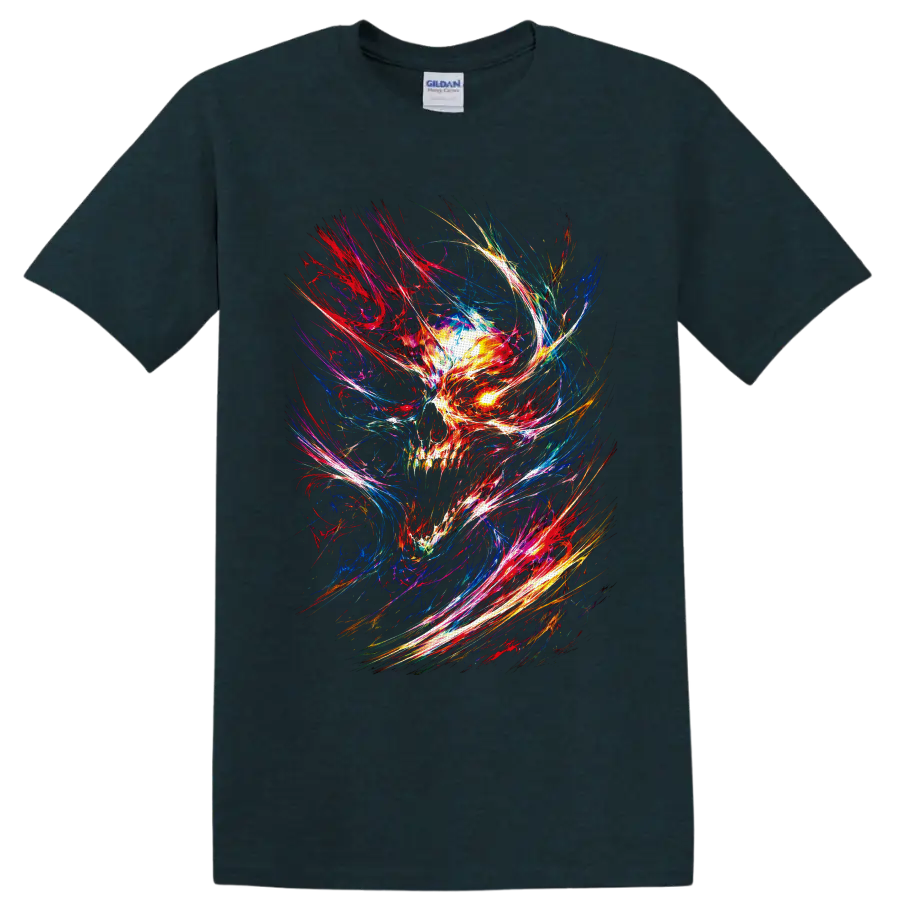 Abstract neon skull with glowing eye and psychedelic multicolor light trails on a Midnight (Green) T Shirt