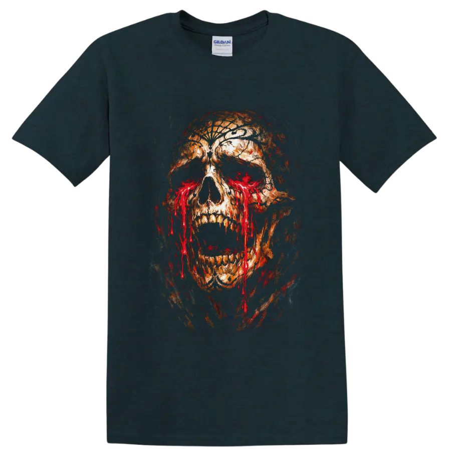 Distressed bleeding skull illustration with cracked textures, hollow eyes, and red drips on a Midnight (Green) T Shirt
