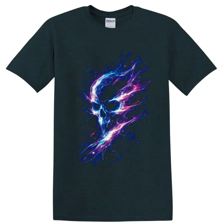 Neon cosmic skull illustration with swirling blue, pink, purple, and white energy on a Midnight (Green) T Shirt