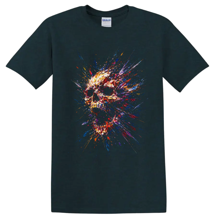 Abstract skull illustration with explosive colorful paint strokes and splatters on a Midnight (Green) T Shirt