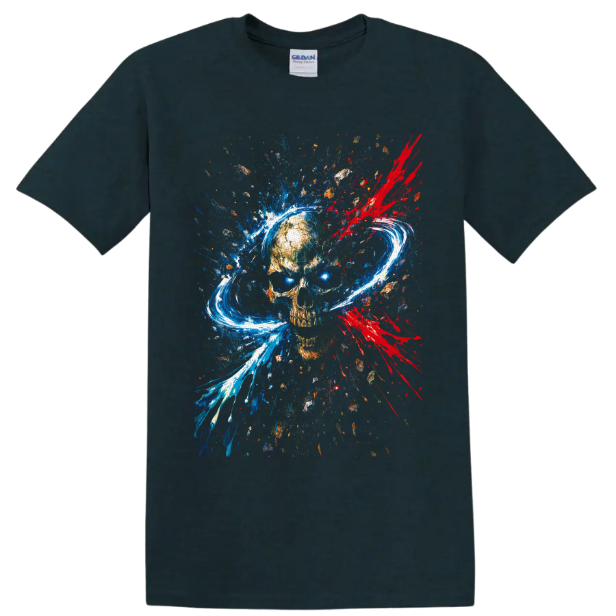 Abstract weathered skull with blue paint splashes, red splatters, and white brushstroke on a Midnight (Green) T Shirt
