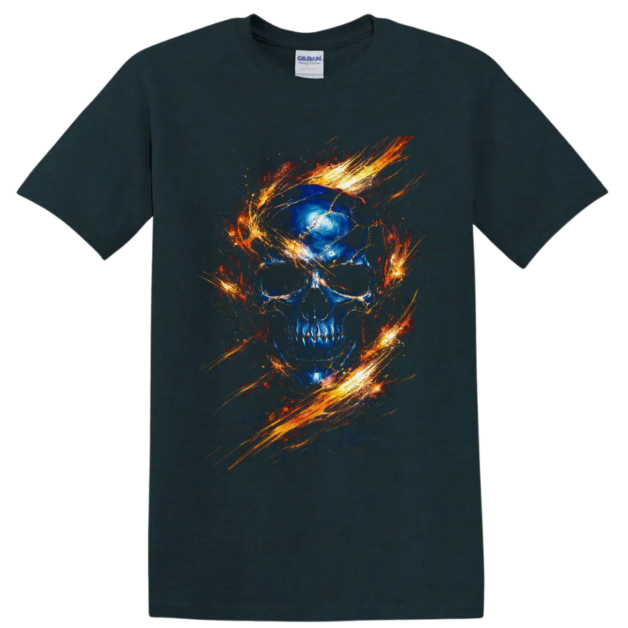 Blue cracked skull with swirling fiery orange gothic flame artwork on a Midnight (Green) T Shirt