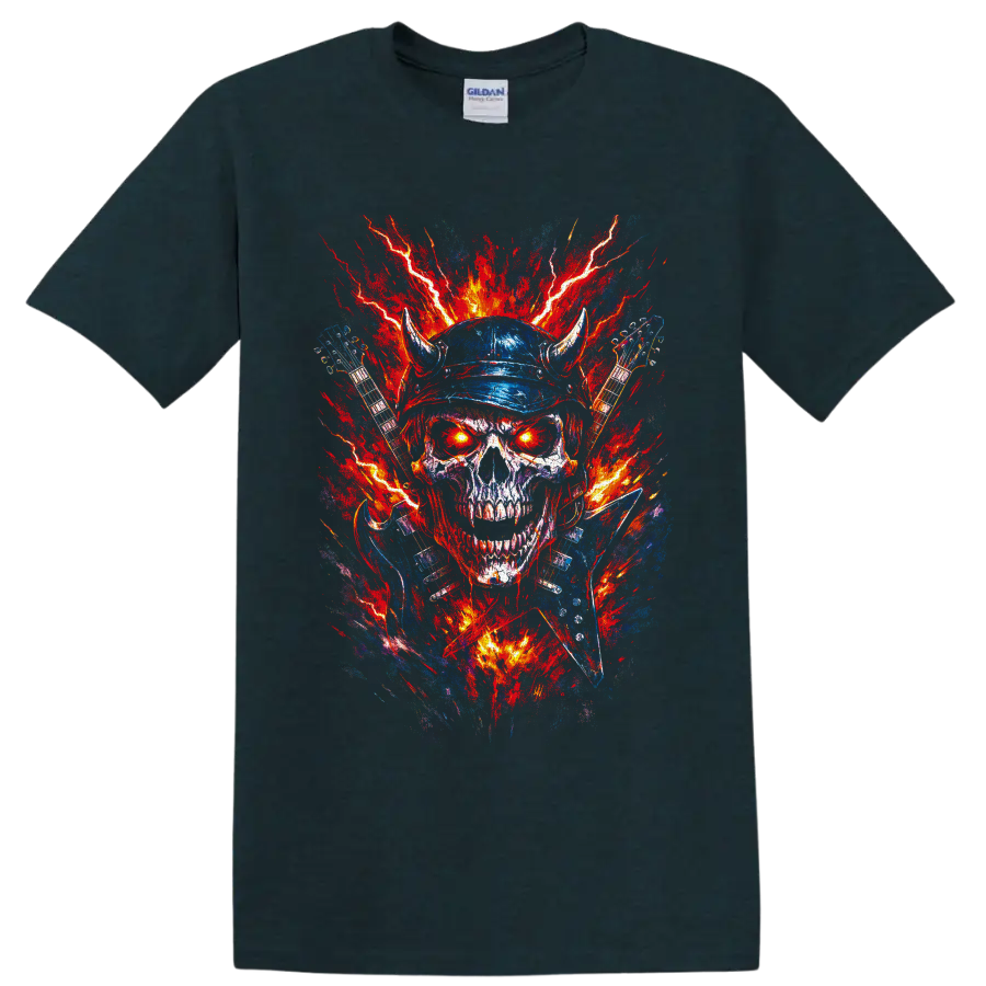 Horned skull with electric guitars, lightning, and fiery heavy metal splatter art on a Midnight (Green) T Shirt