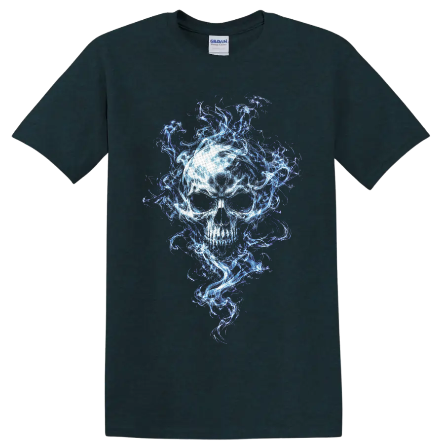 Luminous skull surrounded by swirling blue, white, and violet spectral flames on a Midnight (Green) T Shirt