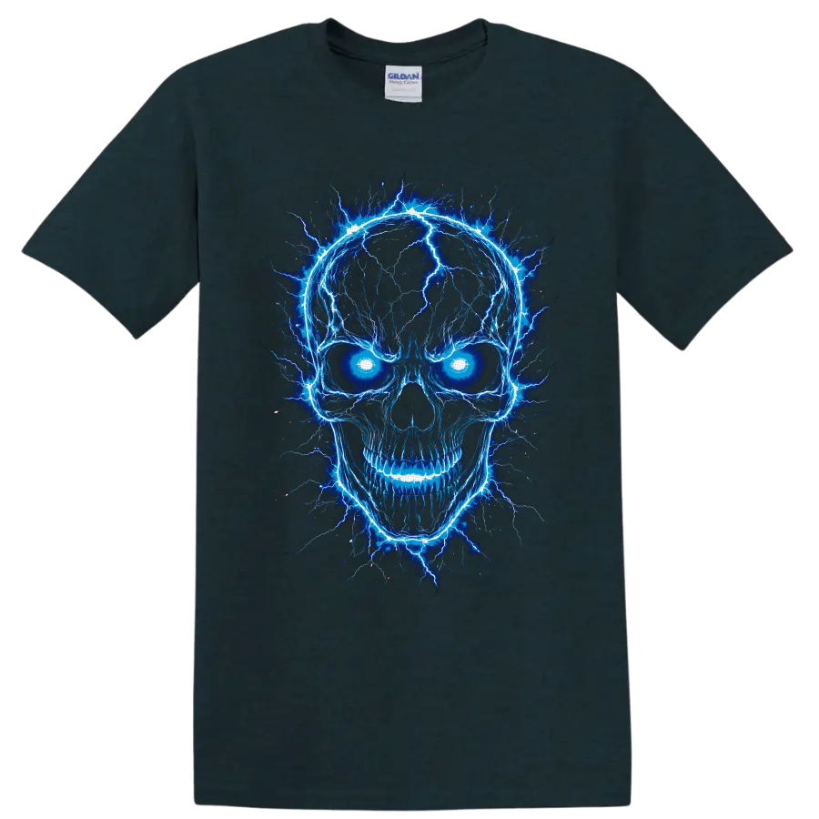 Electric blue lightning skull graphic with glowing eyes and gothic horror linework on a Midnight (Green) T Shirt