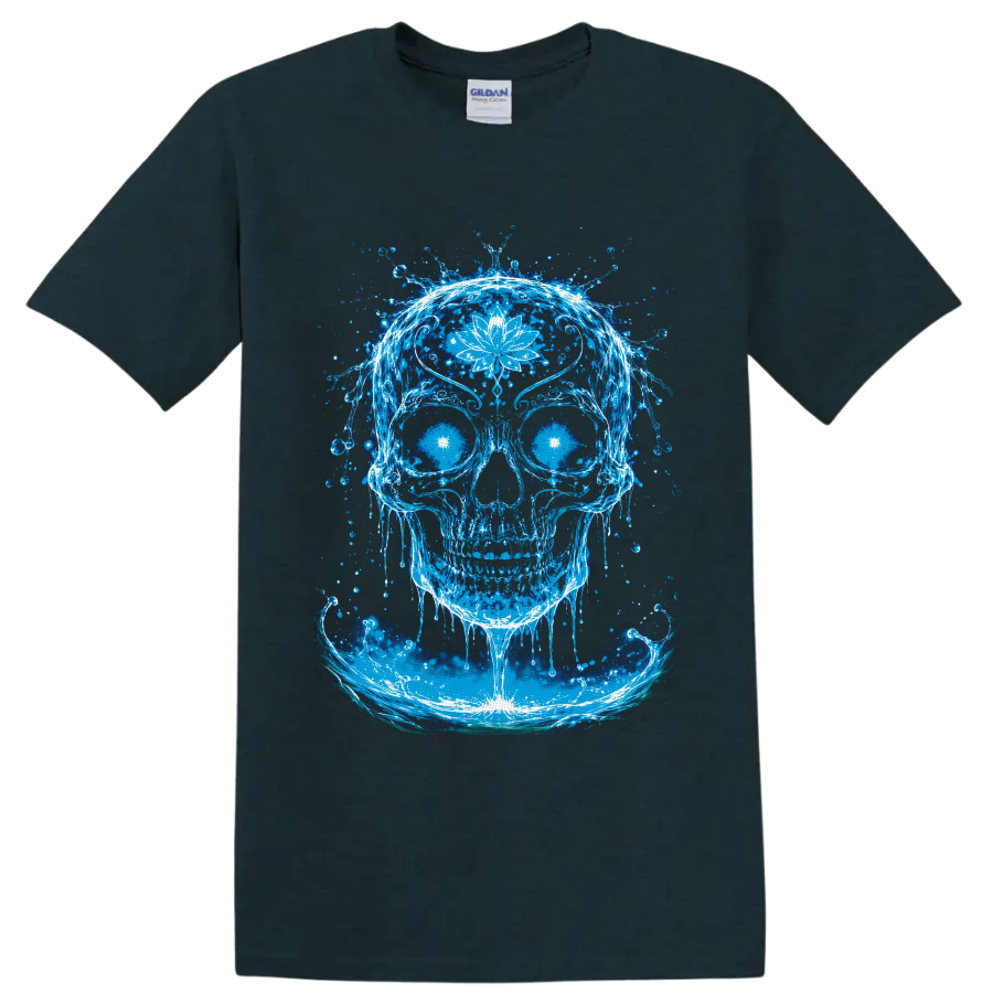 Glowing blue water skull with white lotus flower, radiant eyes, and splash art waves on a Midnight (Green) T Shirt