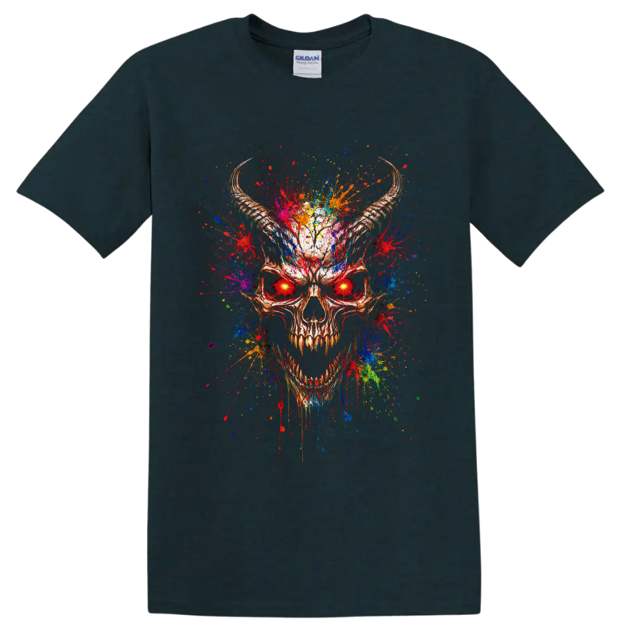 Horned skull with glowing red eyes and vivid multicolor paint splatter artwork on a Midnight (Green) T Shirt