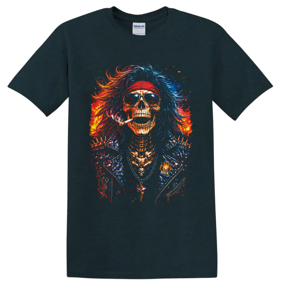 Colorful punk rock skull in sunglasses, red headband, wild hair, and spiked jacket on a Midnight (Green) T Shirt
