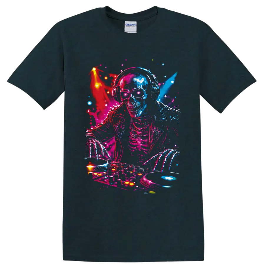 Neon skeleton DJ in headphones mixing turntables and vinyl in a vivid rave art style on a Midnight (Green) T Shirt
