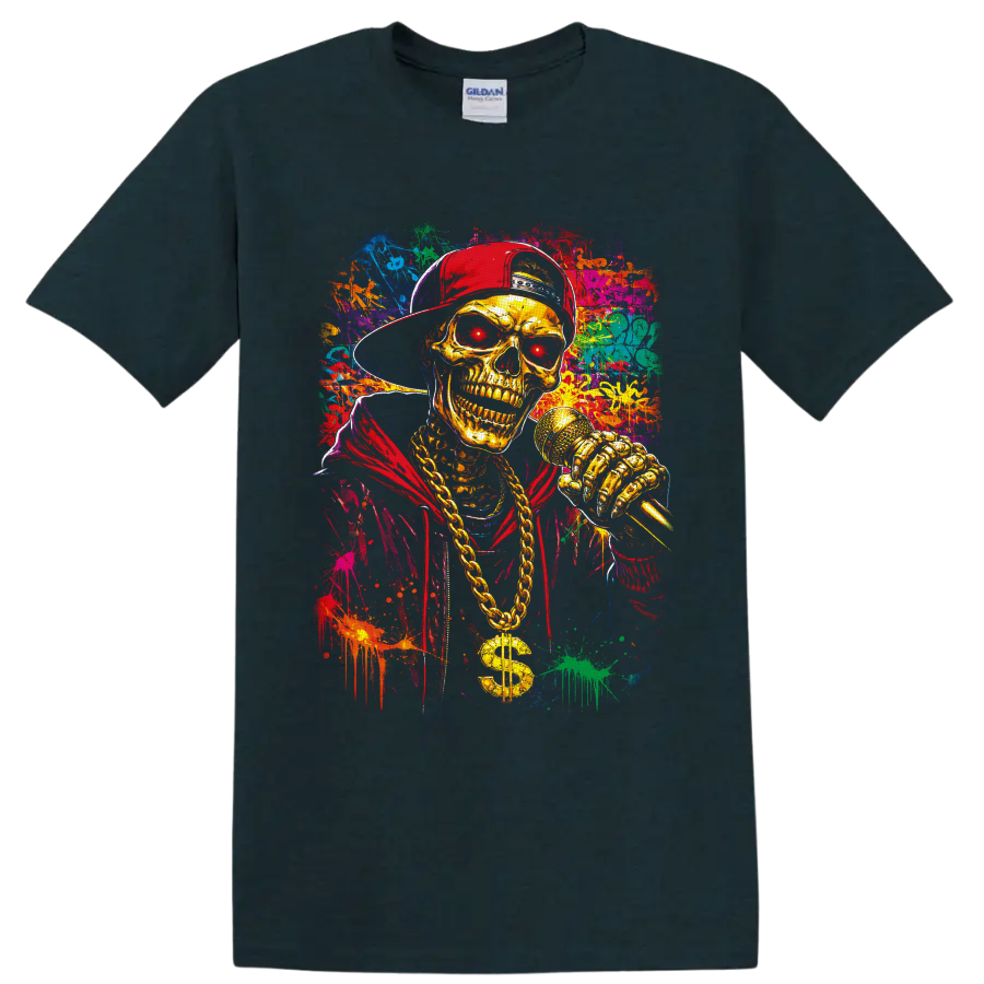 Gold skeleton rapper with microphone, chain, red cap, and colorful graffiti splatter art on a Midnight (Green) T Shirt