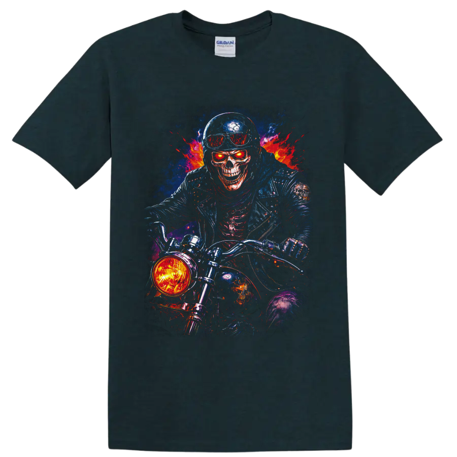 Fiery skull biker on a motorcycle with flames in vivid gothic horror art on a Midnight (Green) T Shirt