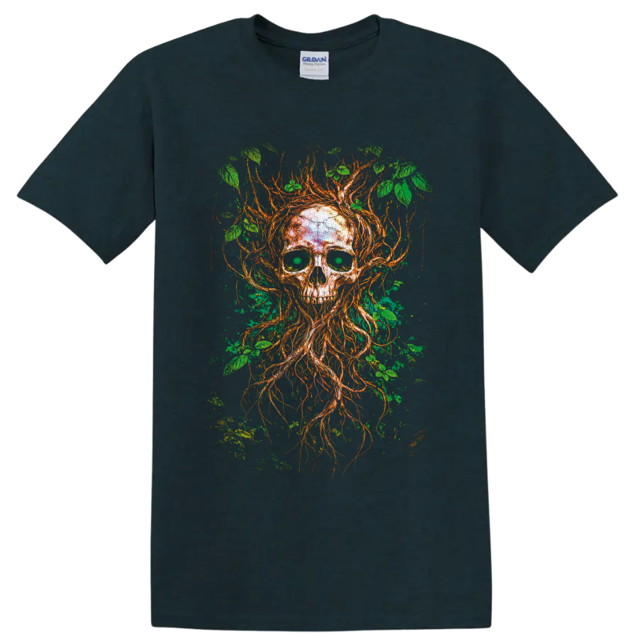 Gothic tree skull illustration with twisting roots, branches, and green leaves on a Midnight (Green) T Shirt