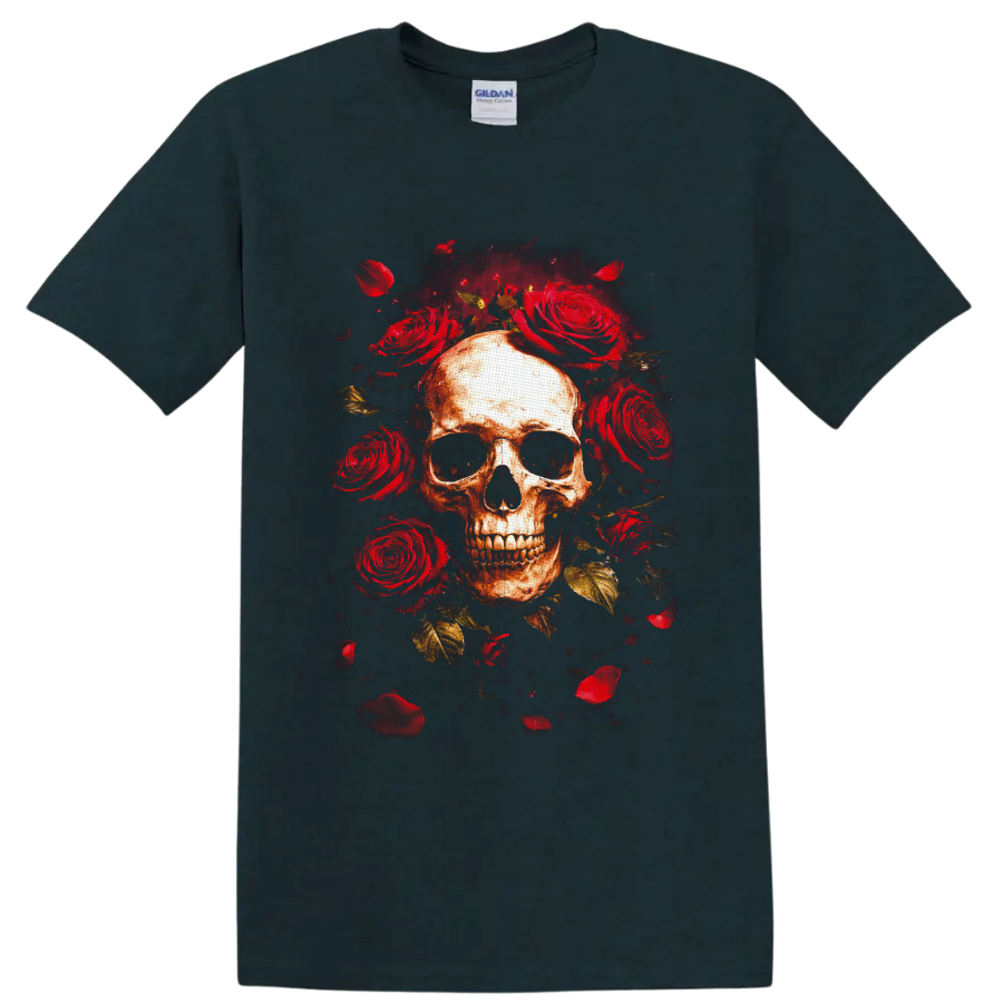 Weathered skull surrounded by red roses, petals, and gold leaves in gothic horror art on a Midnight (Green) T Shirt