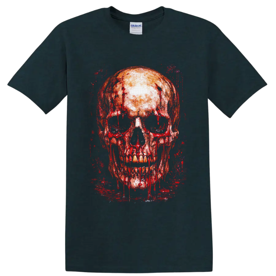 Bloody dripping skull in distressed red gothic grunge paint on a Midnight (Green) T Shirt