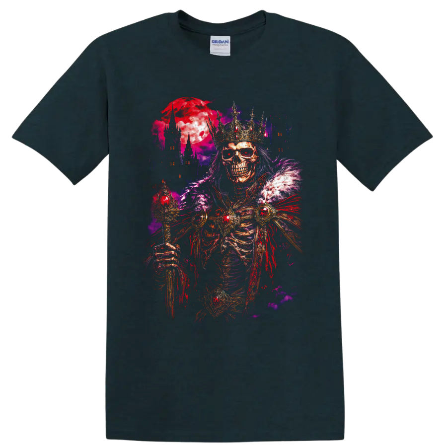 Crowned skeleton king with jeweled armor, crimson moon, and gothic castle spires on a Midnight (Green) T Shirt